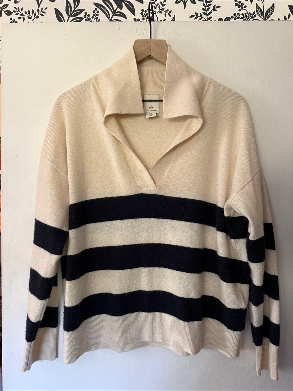 Joie Cream and Black V-Neck Polo Stripe Sweater